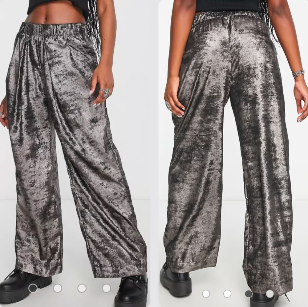 Free People High Fi Wide Leg Metallic Silver Velvet Effect High Waisted Pants S